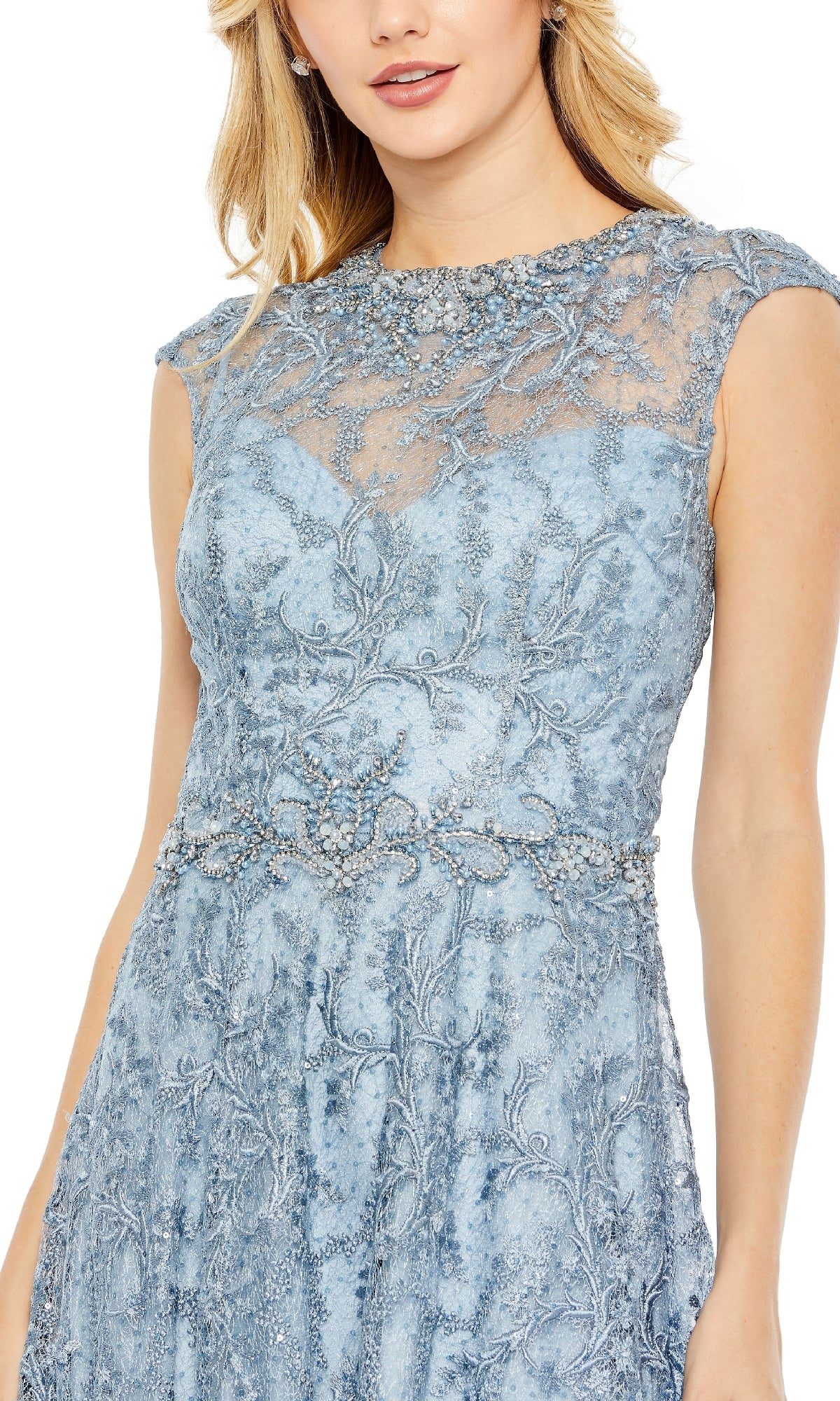 Woman in the Mac Duggal 79430 Long Beaded-Lace Formal Dress, a light blue evening gown featuring intricate lace embroidery and delicate beadwork at the waist and neckline.